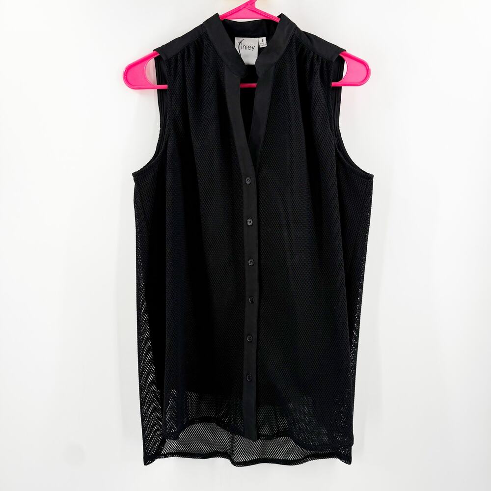 Finley Button Down Shirt SZ Small Sleeveless Mesh Black USA Made Luxury Classic